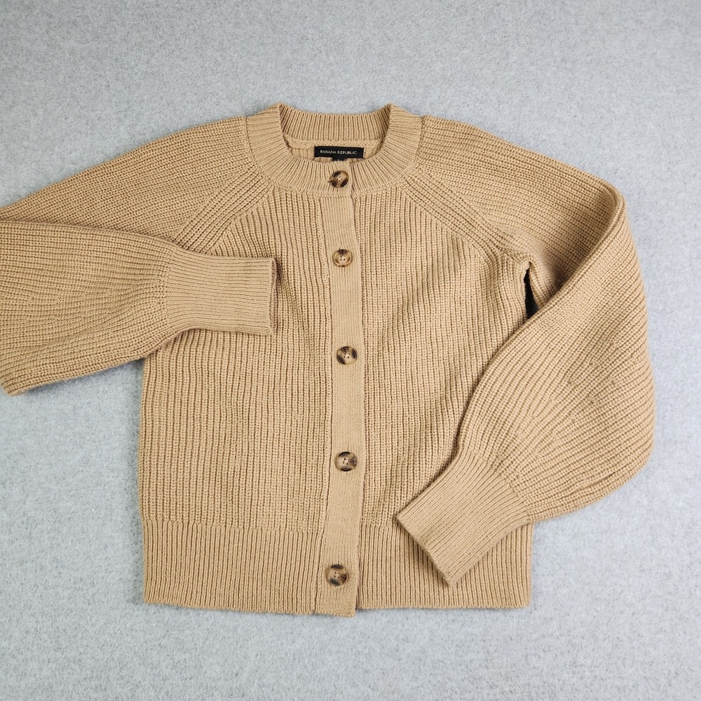 Banana Republic Cardigan Sweater Womens Small Tan Chunky Rib Knit Button Front